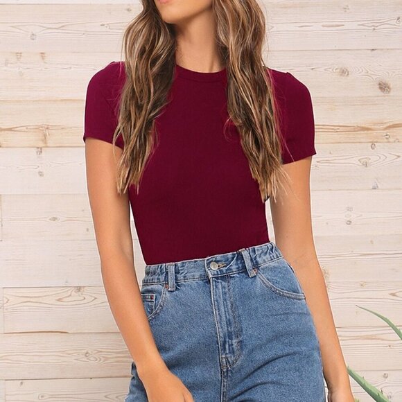 Burgundy Casual Women's Form Fitted Bodysuit - Picture 1 of 5